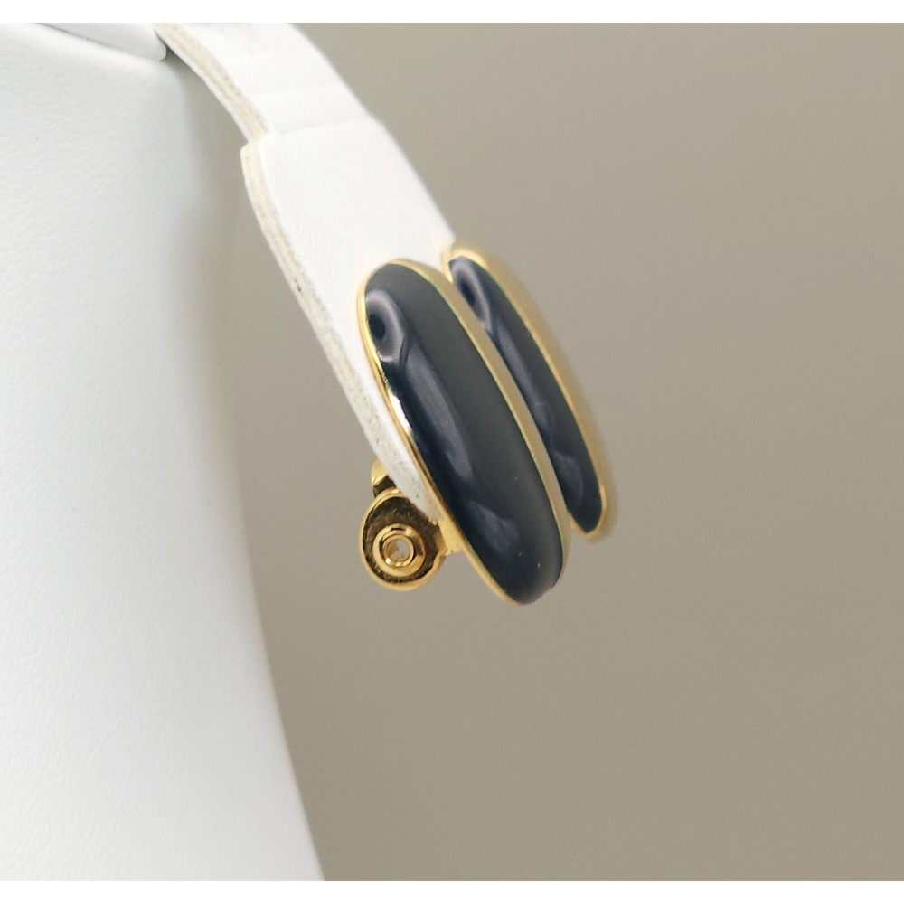 Monet Vintage Black Enamel & Gold Stripe Square‎  Button Clip On Earrings 7/8 In - Picture 10 of 11